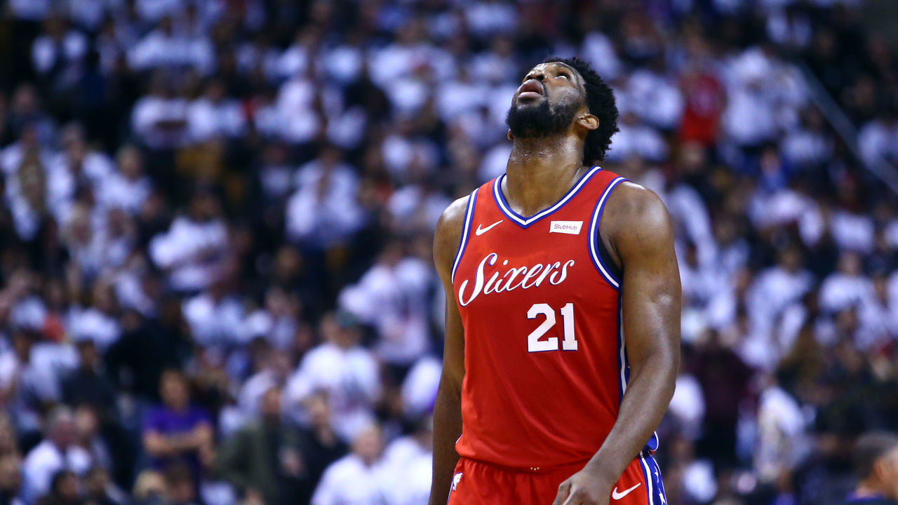 TORONTO, ON - MAY 12: Joel Embiid #21 of the Philadelphia 76ers looks on during Game Seven of the second round of the 2019 NBA Playoffs against the Toronto Raptors at Scotiabank Arena on May 12, 2019 in Toronto, Canada.