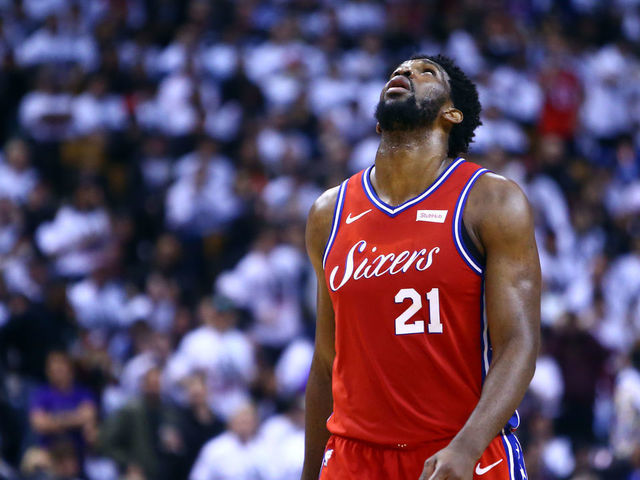 TORONTO, ON - MAY 12: Joel Embiid #21 of the Philadelphia 76ers looks on during Game Seven of the second round of the 2019 NBA Playoffs against the Toronto Raptors at Scotiabank Arena on May 12, 2019 in Toronto, Canada.