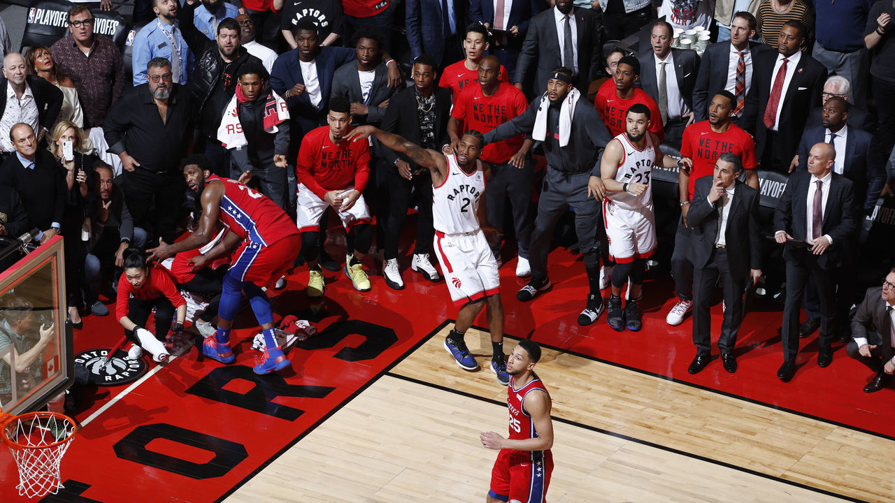 TORONTO, CANADA - MAY 12: Kawhi Leonard #2 of the Toronto Raptors hits the game winning shot against the Philadelphia 76ers during Game Seven of the Eastern Conference Semifinals of the 2019 NBA Playoffs on May 12, 2019 at the Scotiabank Arena in Toronto, Ontario, Canada. Mandatory Copyright Notice: Copyright 2019 NBAE