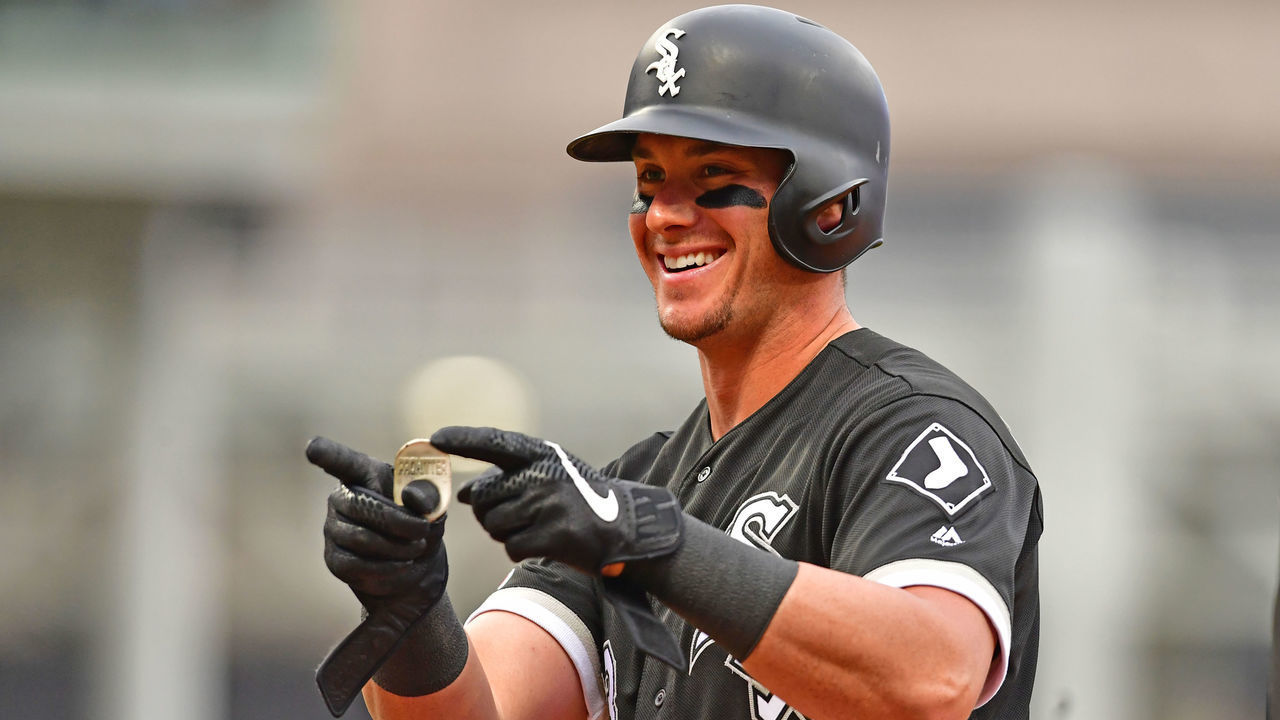 CLEVELAND, OHIO - MAY 07: James McCann #33 of the Chicago White Sox celebrates after hitting a single during the first inning against the Cleveland Indians at Progressive Field on May 07, 2019 in Cleveland, Ohio.