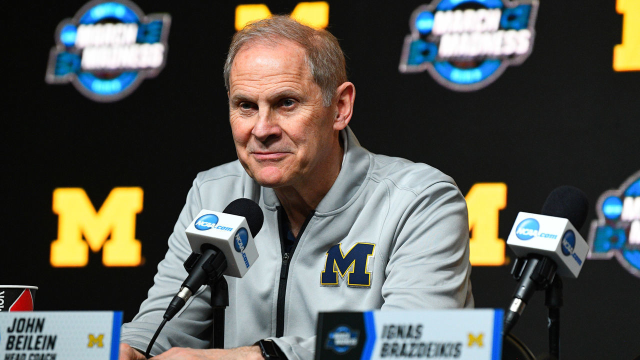 ANAHEIM, CA - MARCH 27: Michigan head coach John Beilein speaks to the media during a press conference during the practice day before their NCAA Division I Men's Championship Sweet Sixteen round basketball game on March 27, 2019 at Honda Center in Anaheim, CA.