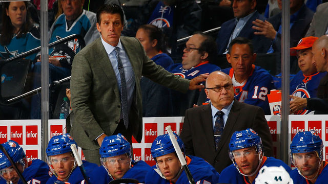 NEW YORK, NY - OCTOBER 08: Head Coach Barry Trotz and Associate Coach Lane Lambert of the New York Islanders looks on from the bench against the San Jose Sharks at Barclays Center on October 8, 2018 the Brooklyn borough of New York City. New York Islanders defeated the San Jose Sharks 4-0.