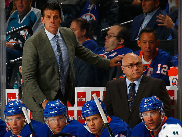 NEW YORK, NY - OCTOBER 08: Head Coach Barry Trotz and Associate Coach Lane Lambert of the New York Islanders looks on from the bench against the San Jose Sharks at Barclays Center on October 8, 2018 the Brooklyn borough of New York City. New York Islanders defeated the San Jose Sharks 4-0.