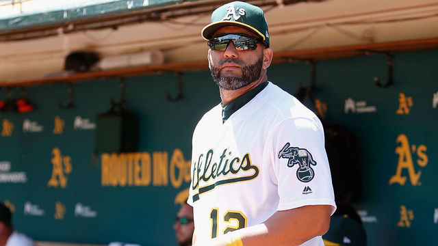OAKLAND, CA - APRIL 20: Kendrys Morales #12 of the Oakland Athletics looks on before the game against the Toronto Blue Jays at Oakland-Alameda County Coliseum on April 20, 2019 in Oakland, California.