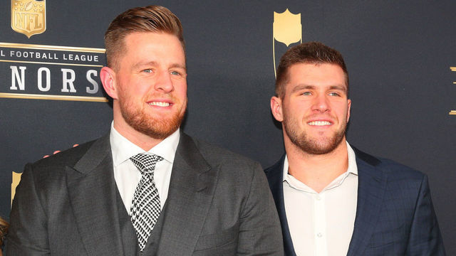 MINNEAPOLIS, MN - FEBRUARY 03: JJ Watt and his brother TJ Watt pose for Photographs on the Red Carpet at NFL Honors during Super Bowl LII week on February 3, 2018, at Northrop at the University of Minnesota in Minneapolis, MN.