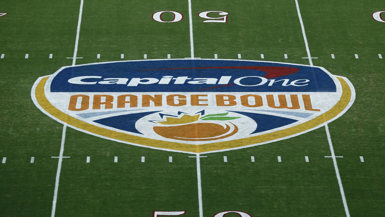MIAMI GARDENS, FL - DECEMBER 29: The Capital One Orange Bowl logo at midfield prior to the College Football Playoff Semifinal at the Capital One Orange Bowl between the Alabama Crimson Tide and the Oklahoma Sooners at Hard Rock Stadium on December 29, 2017 in Miami Gardens, Florida. Alabama defeated Oklahoma 45-34.