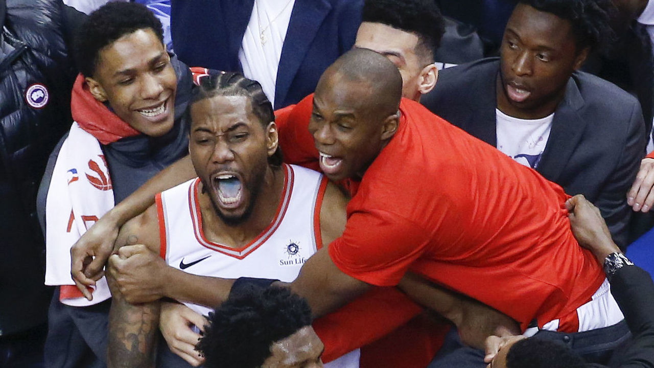 TORONTO, ON - MAY 12: Toronto Raptors forward Kawhi Leonard (2) celebrates after his shot drops for Raptors to win. Toronto Raptors vs Philadelphia 76ers in2nd half action of Round 2, Game 7 of NBA playoff play at Scotiabank Arena. . Toronto Star/Rick Madonik (Rick Madonik/Toronto Star via Getty Images)