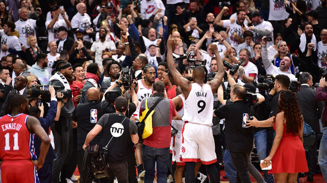 TORONTO, CANADA - MAY 12: Serge Ibaka #9 of the Toronto Raptors reacts after defeating the Philadelphia 76ers during Game Seven of the Eastern Conference Semi-Finals of the 2019 NBA Playoffs on May 12, 2019 at the Scotiabank Arena in Toronto, Ontario, Canada. Mandatory Copyright Notice: Copyright 2019 NBAE