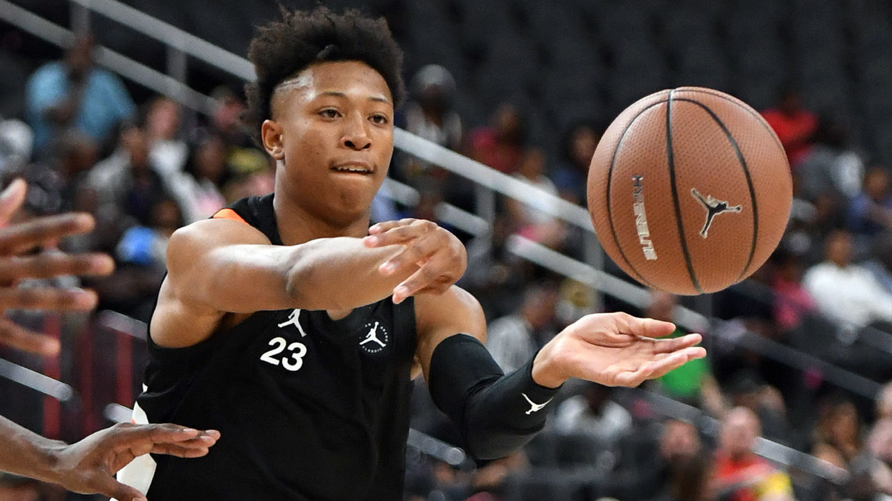 LAS VEGAS, NEVADA - APRIL 20: Boogie Ellis #23 passes during the Jordan Brand Classic boys high school all-star basketball game at T-Mobile Arena on April 20, 2019 in Las Vegas, Nevada.