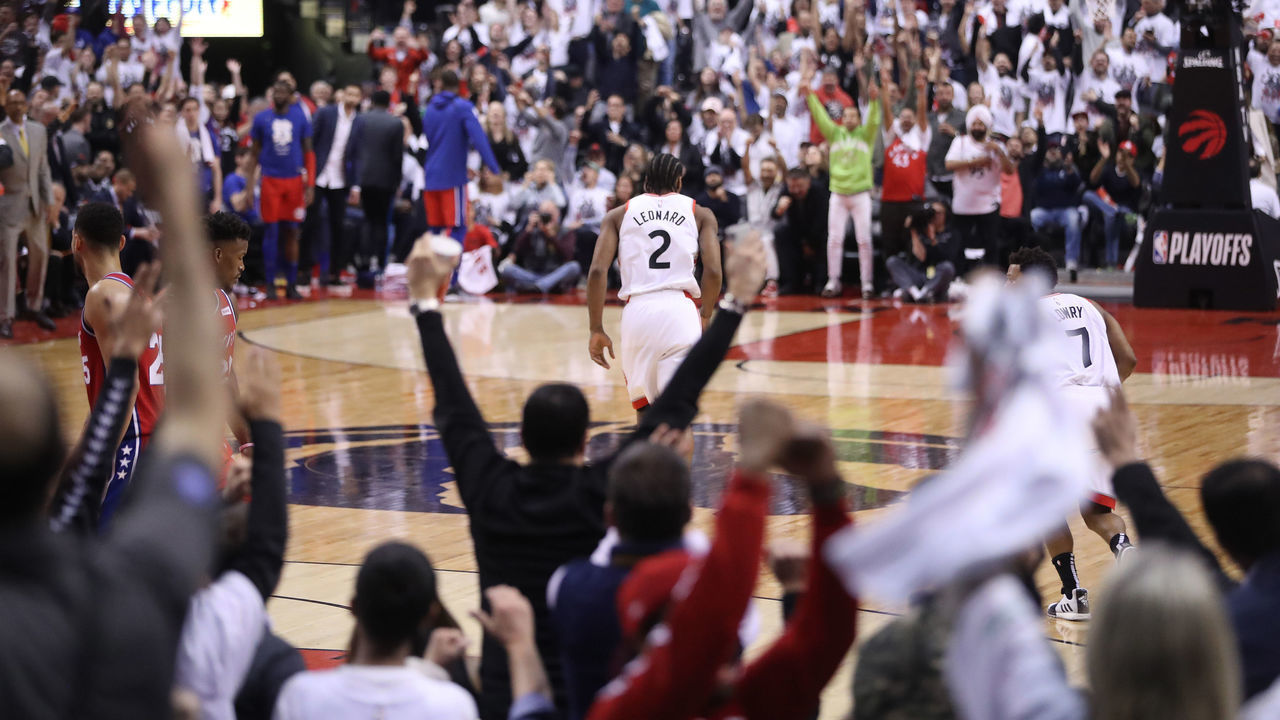TORONTO, ON- MAY 12 - Fans cheer after Toronto Raptors forward Kawhi Leonard (2) scores a basket as the Toronto Raptors beat the Philadelphia 76ers 92-90 in game seven of their second round series in the NBA play-offs at Scotiabank Arena in Toronto. May 12, 2019. (Steve Russell/Toronto Star via Getty Images)