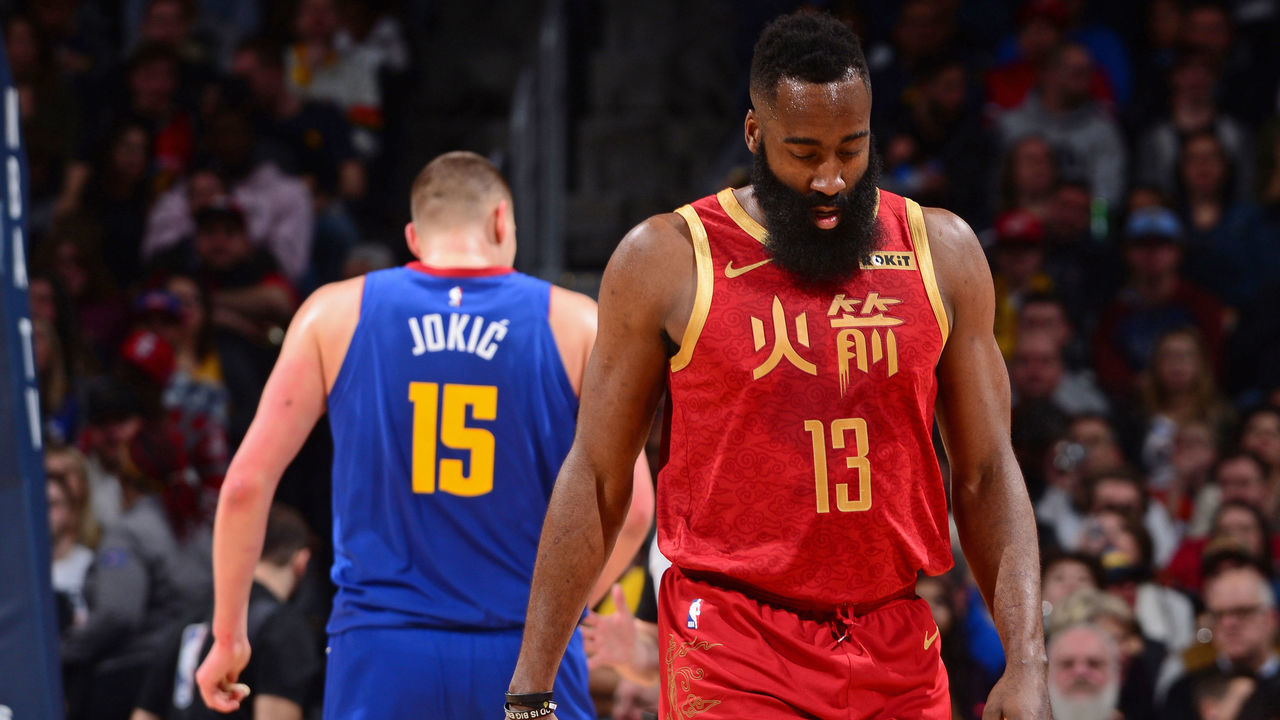 DENVER, CO - FEBRUARY 1: James Harden #13 of the Houston Rockets walks up court against the Denver Nuggets on February 1, 2019 at the Pepsi Center in Denver, Colorado. NOTE TO USER: User expressly acknowledges and agrees that, by downloading and/or using this Photograph, user is consenting to the terms and conditions of the Getty Images License Agreement. Mandatory Copyright Notice: Copyright 2019 NBAE