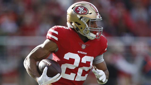 SANTA CLARA, CA - DECEMBER 23: San Francisco 49ers' Matt Breida (22) runs with the ball during their game against the Chicago Bears in the first quarter at Levi's Stadium in Santa Clara, Calif., on Sunday, Dec. 23, 2018.