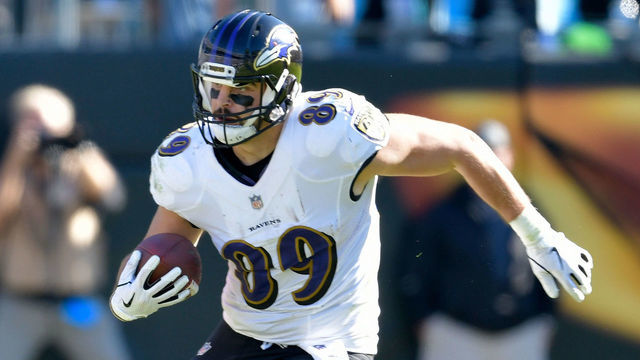 CHARLOTTE, NC - OCTOBER 28: Mark Andrews #89 of the Baltimore Ravens against the Carolina Panthers during their game at Bank of America Stadium on October 28, 2018 in Charlotte, North Carolina. The Panthers won 36-21.