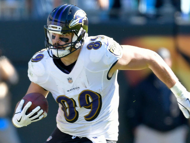 CHARLOTTE, NC - OCTOBER 28: Mark Andrews #89 of the Baltimore Ravens against the Carolina Panthers during their game at Bank of America Stadium on October 28, 2018 in Charlotte, North Carolina. The Panthers won 36-21.