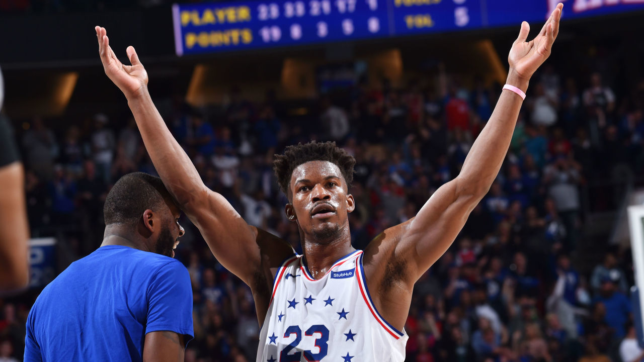 PHILADELPHIA, PA - MAY 9: Jimmy Butler #23 of the Philadelphia 76ers reacts during a game against the Toronto Raptors during Game Six of the Eastern Conference Semifinals on May 9, 2019 at the Wells Fargo Center in Philadelphia, Pennsylvania NOTE TO USER: User expressly acknowledges and agrees that, by downloading and/or using this Photograph, user is consenting to the terms and conditions of the Getty Images License Agreement. Mandatory Copyright Notice: Copyright 2019 NBAE