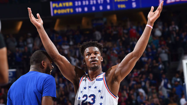 PHILADELPHIA, PA - MAY 9: Jimmy Butler #23 of the Philadelphia 76ers reacts during a game against the Toronto Raptors during Game Six of the Eastern Conference Semifinals on May 9, 2019 at the Wells Fargo Center in Philadelphia, Pennsylvania NOTE TO USER: User expressly acknowledges and agrees that, by downloading and/or using this Photograph, user is consenting to the terms and conditions of the Getty Images License Agreement. Mandatory Copyright Notice: Copyright 2019 NBAE