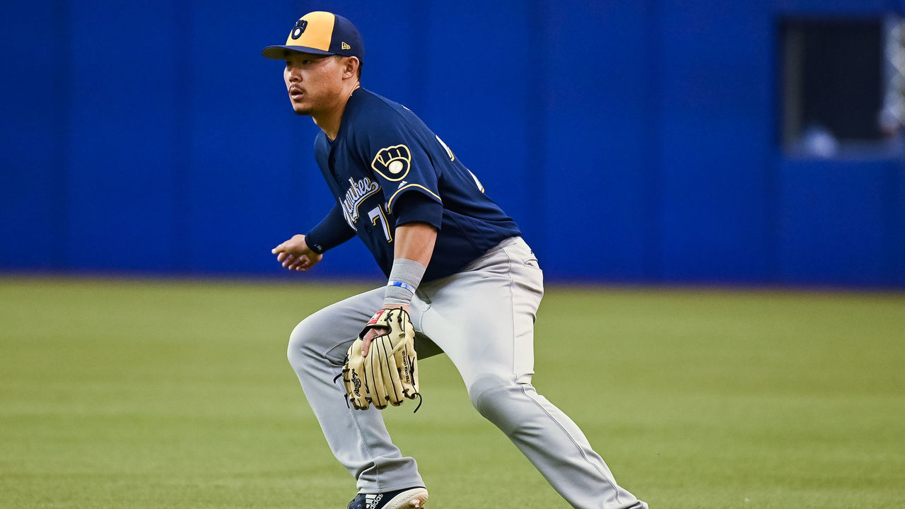 MONTREAL, QC - MARCH 26: Milwaukee Brewers infielder Keston Hiura (72) runs towards the ball during the Milwaukee Brewers versus the Toronto Blue Jays spring training game on March 26, 2019, at Olympic Stadium in Montreal, QC
