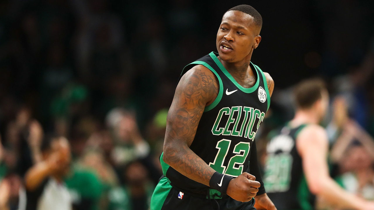 BOSTON, MA - APRIL 14: Terry Rozier #12 of the Boston Celtics reacts after making a shot as time expires in the third quarter during Game One of the first round of the 2019 NBA Eastern Conference Playoffs against the Indiana Pacers at TD Garden on April 14, 2019 in Boston, Massachusetts.