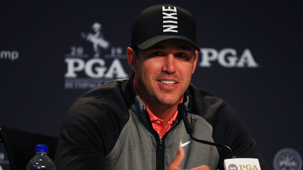BETHPAGE, NEW YORK - MAY 14: Brooks Koepka of the United States speaks with the media during a press conference prior to the 2019 PGA Championship at the Bethpage Black course on May 14, 2019 in Bethpage, New York.