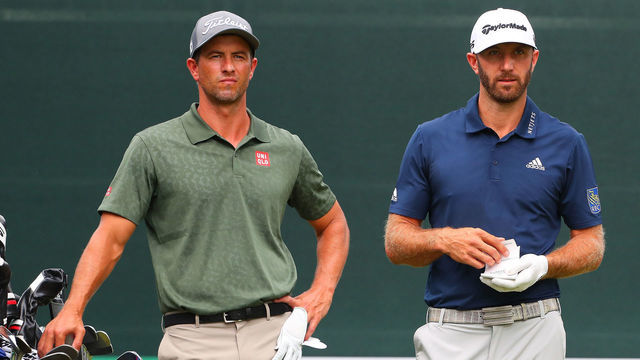 PARAMUS, NJ - AUGUST 25: Adam Scott of Australia and Dustin Johnson of the United States on the first tee during the third round of The Northern Trust on August 25, 2018 at the Ridgewood Championship Course in Ridgewood, New Jersey.