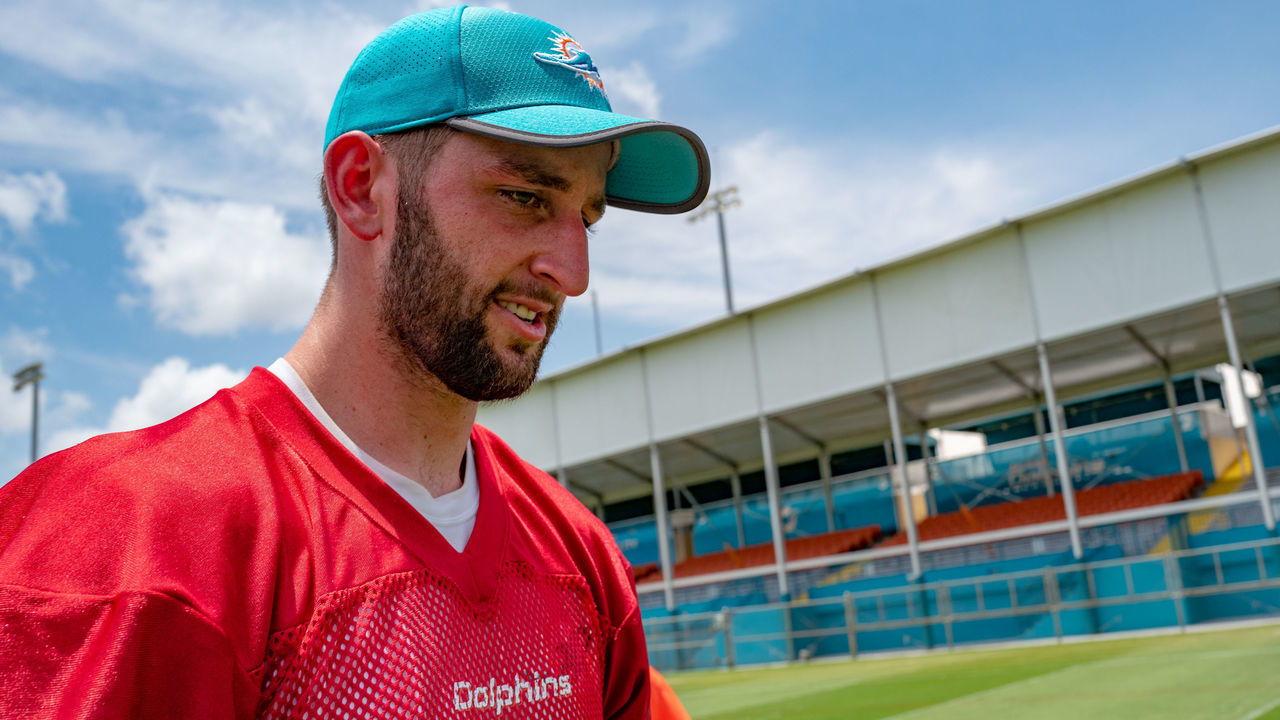 DAVIE, FL - MAY 14: Josh Rosen #3 of the Miami Dolphins answers questions from the media after OTAs at Baptist Health Training Facility at Nova Southern University on May 14, 2019 in Davie, Florida.