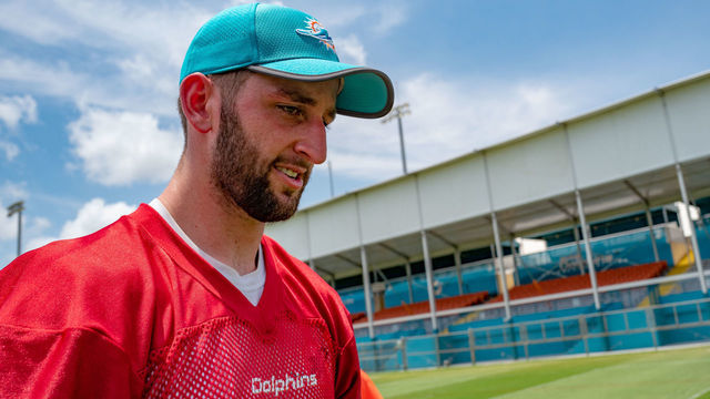DAVIE, FL - MAY 14: Josh Rosen #3 of the Miami Dolphins answers questions from the media after OTAs at Baptist Health Training Facility at Nova Southern University on May 14, 2019 in Davie, Florida.