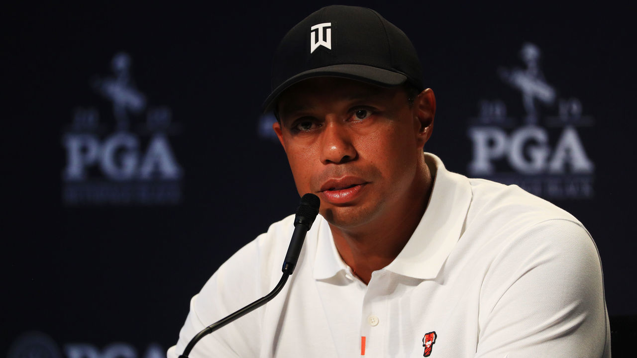 BETHPAGE, NEW YORK - MAY 14: Tiger Woods of the United States speaks to the media during a press conference prior to the 2019 PGA Championship at the Bethpage Black course on May 14, 2019 in Bethpage, New York.