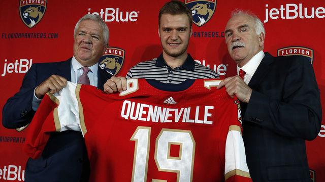 SUNRISE, FL - APRIL 8: Joel Quenneville is named Florida Panthers Head Coach. Team Captain Aleksander Barkov and Florida Panthers President of Hockey Operations & General Manager Dale Tallon and Joel Quenneville pose for a photo at the BB&T Center on April 8 2019 in Sunrise, Florida.