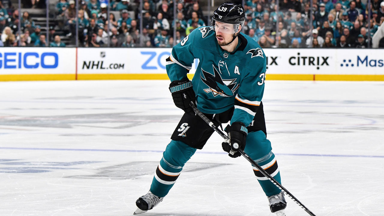 SAN JOSE, CA - MAY 13: Logan Couture #39 of the San Jose Sharks skates ahead with the puck against the St. Louis Blues in Game Two of the Western Conference Final during the 2019 NHL Stanley Cup Playoffs at SAP Center on May 13, 2019 in San Jose, California