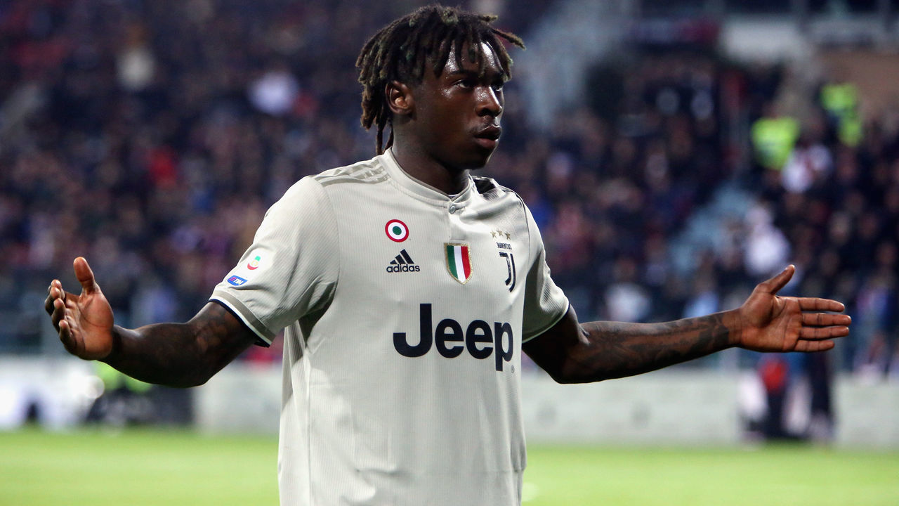 CAGLIARI, ITALY - APRIL 02: Moise Kean of Juventus celebrates his goal 0-2 during the Serie A match between Cagliari and Juventus at Sardegna Arena on April 2, 2019 in Cagliari, Italy.