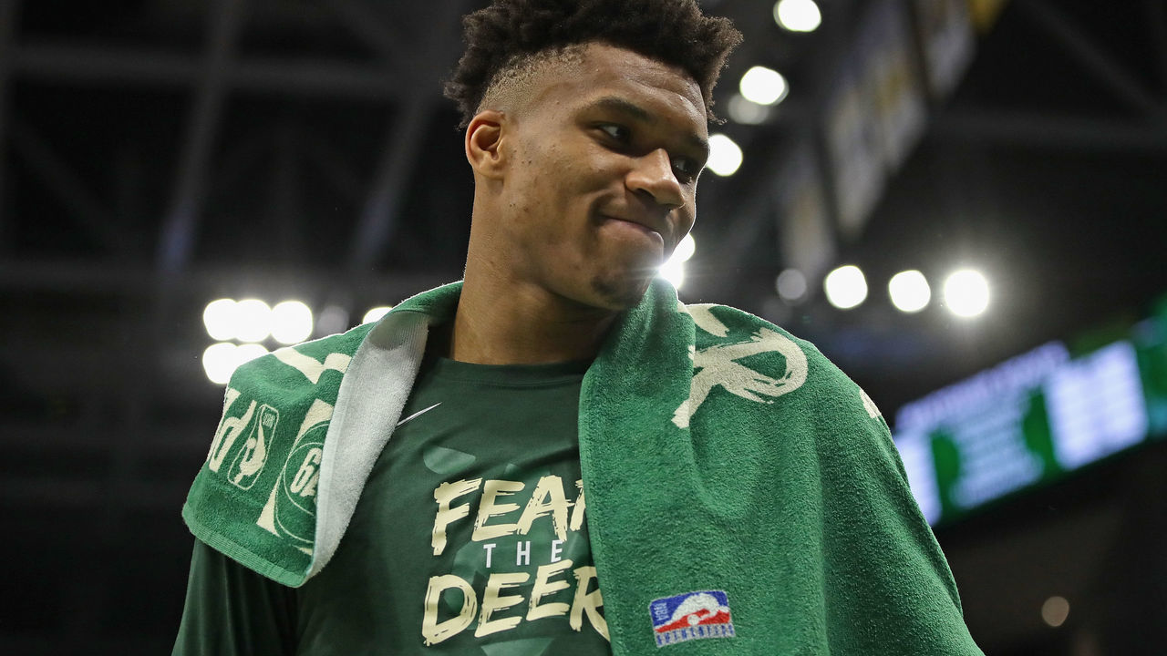 MILWAUKEE, WISCONSIN - MAY 08: Giannis Antetokounmpo #34 of the Milwaukee Bucks looks over at a teammates against Boston Celtics at Fiserv Forum on May 08, 2019 in Milwaukee, Wisconsin. The Bucks defeated the Celtics 116-91.