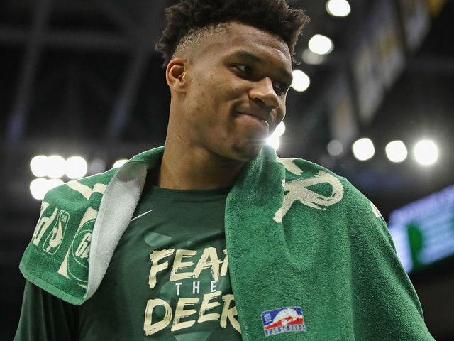 MILWAUKEE, WISCONSIN - MAY 08: Giannis Antetokounmpo #34 of the Milwaukee Bucks looks over at a teammates against Boston Celtics at Fiserv Forum on May 08, 2019 in Milwaukee, Wisconsin. The Bucks defeated the Celtics 116-91.