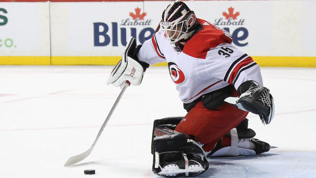 NEW YORK, NEW YORK - APRIL 28: Curtis McElhinney #35 of the Carolina Hurricanes tends net against the New York Islanders in Game Two of the Eastern Conference Second Round during the 2019 NHL Stanley Cup Playoffs at the Barclays Center on April 28, 2019 in the Brooklyn borough of New York City. The Hurricanes defeated the Islanders 2-1.