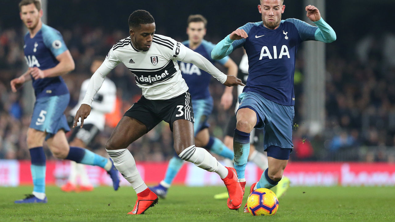 LONDON, ENGLAND - JANUARY 20: Ryan Sessegnon of Fulham and Toby Alderweireld of Tottenham during the Premier League match between Fulham FC and Tottenham Hotspur at Craven Cottage on January 20, 2019 in London, United Kingdom.