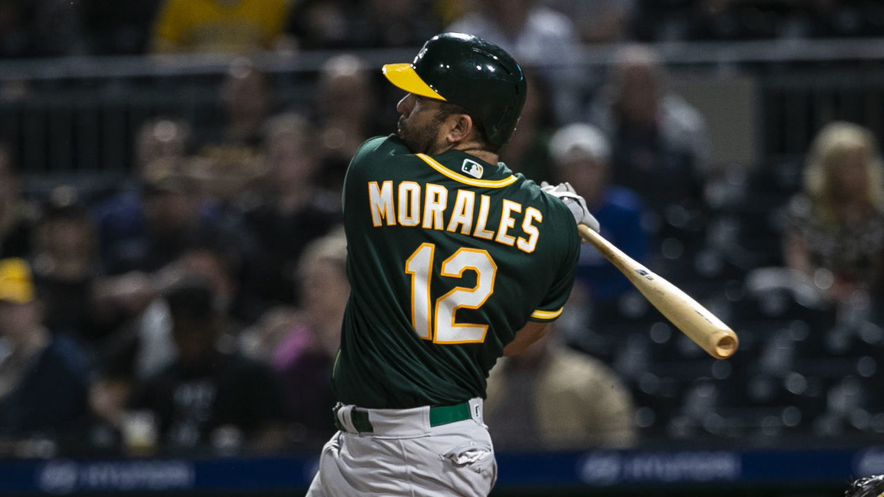 PITTSBURGH, PA -MAY 03: Oakland Athletics Designated hitter Kendrys Morales (12) watches a fly ball hit during the MLB baseball game between the Oakland Athletics and the Pittsburgh Pirates on May 03, 2019 at PNC Park in Pittsburgh, PA.