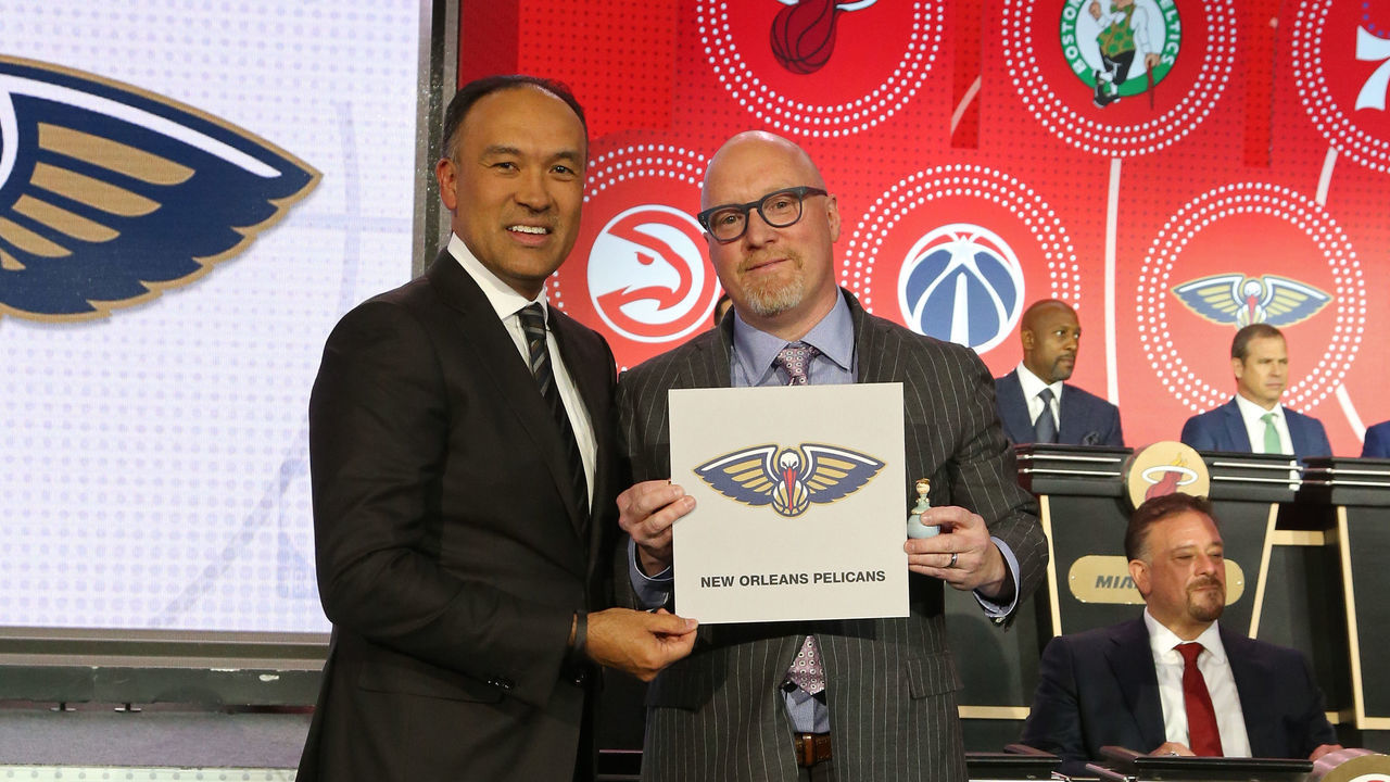CHICAGO, IL - MAY 14: Deputy Commissioner of the NBA, Mark Tatum and David Griffin of the New Orleans Pelicans pose for a photo after getting the number one overall pick at the 2019 NBA Draft Lottery on May 14, 2019 at the Chicago Hilton in Chicago, Illinois. NOTE TO USER: User expressly acknowledges and agrees that, by downloading and/or using this photograph, user is consenting to the terms and conditions of the Getty Images License Agreement. Mandatory Copyright Notice: Copyright 2019 NBAE