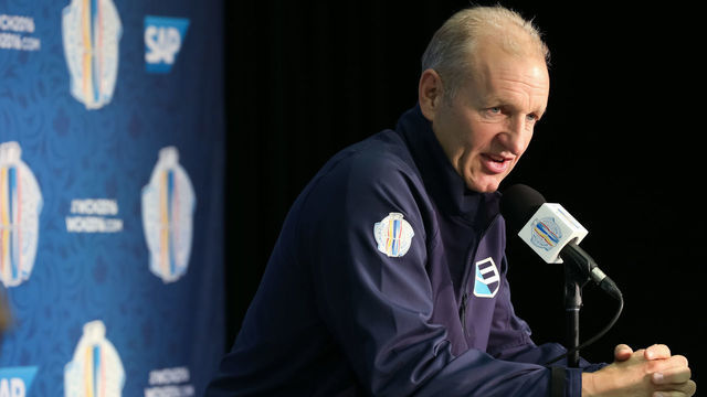 TORONTO, ON - SEPTEMBER 28: Head Coach Ralph Krueger of Team Europe speaks to the media during the World Cup of Hockey 2016 practice sessions at Air Canada Centre on September 28, 2016 in Toronto, Ontario, Canada.