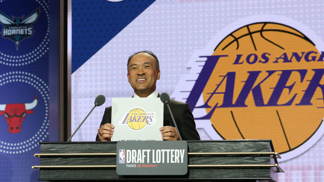CHICAGO, IL - MAY 14: Deputy Commissioner of the NBA, Mark Tatum, holds up the card for the Los Angeles Lakers after they get the 4th overall pick in the NBA Draft during the 2019 NBA Draft Lottery on May 14, 2019 at the Chicago Hilton in Chicago, Illinois. NOTE TO USER: User expressly acknowledges and agrees that, by downloading and/or using this photograph, user is consenting to the terms and conditions of the Getty Images License Agreement. Mandatory Copyright Notice: Copyright 2019 NBAE