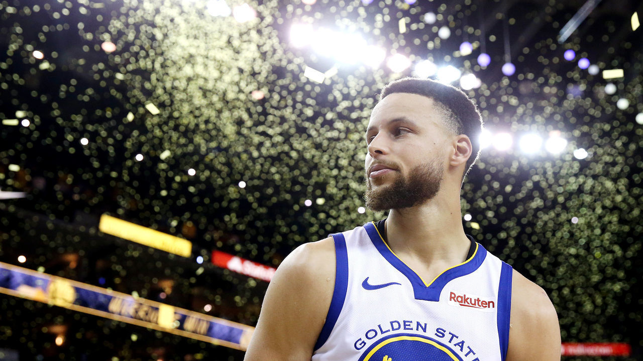 OAKLAND, CALIFORNIA - MAY 14: Stephen Curry #30 of the Golden State Warriors reacts after defeating the Portland Trail Blazers 116-94 in game one of the NBA Western Conference Finals at ORACLE Arena on May 14, 2019 in Oakland, California.