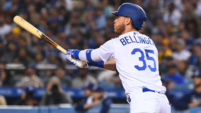 LOS ANGELES, CA - MAY 14: Los Angeles Dodgers outfielder Cody Bellinger (35) connects on a home run during a MLB game between the San Diego Padres and the Los Angeles Dodgers on May 14, 2019 at Dodger Stadium in Los Angeles, CA.