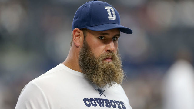 ARLINGTON, TX - OCTOBER 14: Dallas Cowboys Center Travis Frederick watches warm-up while on IR prior to the game between the Jacksonville Jaguars and Dallas Cowboys on October 14, 2018 at AT&T Stadium in Arlington, TX.