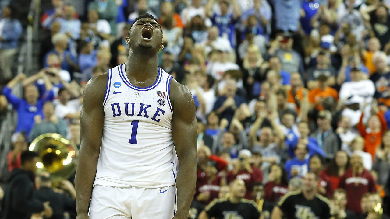 COLUMBIA, SOUTH CAROLINA - MARCH 24: Zion Williamson #1 of the Duke Blue Devils celebrates with his teammates after defeating the UCF Knights in the second round game of the 2019 NCAA Men's Basketball Tournament at Colonial Life Arena on March 24, 2019 in Columbia, South Carolina.