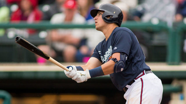 LAKE BUENA VISTA, FL - MARCH 19: Atlanta Braves third baseman Austin Riley (74) hits a homerun in the fifth inning of a Major League Baseball spring training game between the Washington Nationals and the Atlanta Braves at Champion Stadium in Lake Buena Vista, FL on March 19.