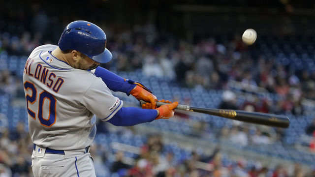 WASHINGTON, DC - MAY 14: New York Mets First base Pete Alonso (20) hits a ball during a game between the New York Mets and the Washington Nationals on May 14, 2019 at Nationals Park in Washington D.C.