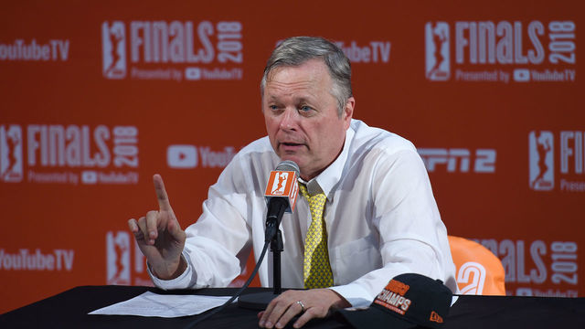 WASHINGTON, DC - SEPTEMBER 12: Head Coach Dan Hughes of the Seattle Storm talks with media after the game against the Washington Mystics during Game Three of the 2018 WNBA Finals on September 12, 2018 at the EagleBank Arena at George Mason University in Washington, DC. Mandatory Copyright Notice: Copyright 2018 NBAE.