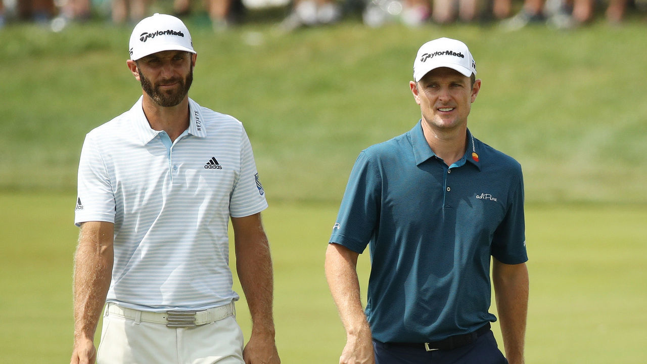 NEWTOWN SQUARE, PA - SEPTEMBER 07: Dustin Johnson of the United States and Justin Rose of England walk on the 18th hole during the second round of the BMW Championship at Aronimink Golf Club on September 7, 2018 in Newtown Square, Pennsylvania.