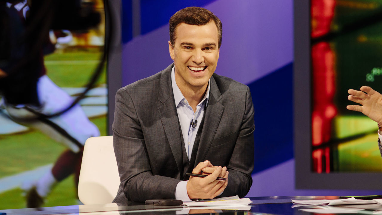 CULVER CITY, CA - March 27, 2018: NFL Network analyst Daniel Jeremiah talks to Rhett Lewis between during a taping of "Path to the Draft" at the NFL Network studio in Culver City, California on March 27, 2018.