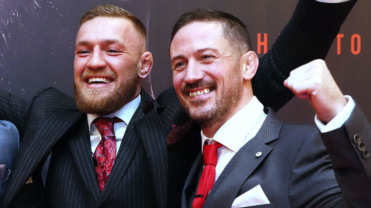 Conor McGregor with head coach John Kavanagh (right) MMA fighter Artem Lovov (left) and coach Owen Roddy on arrival at the Conor McGregor: Notorious premiere at the Savoy Cinema in Dublin.