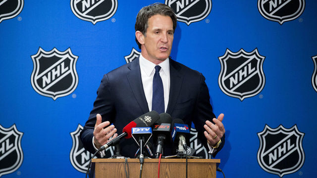 TORONTO, ON - APRIL 30 - Toronto Maple Leafs President Brendan Shanahan speaks to reporters after winning the first selection in the 2016 NHL Draft Lottery April 30, 2016. (Carlos Osorio/Toronto Star via Getty Images)
