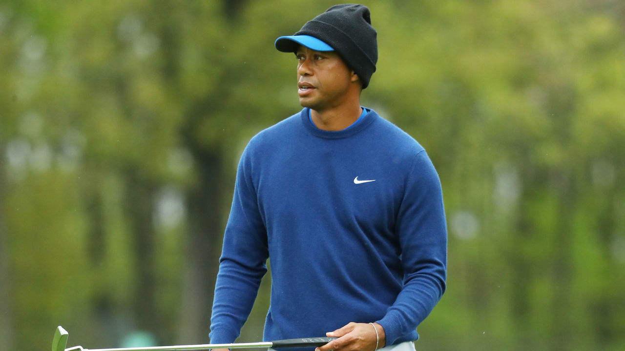 BETHPAGE, NEW YORK - MAY 13: Tiger Woods of the United States looks on during a practice round prior to the PGA Championship at Bethpage Black on May 13, 2019 in Bethpage, New York.